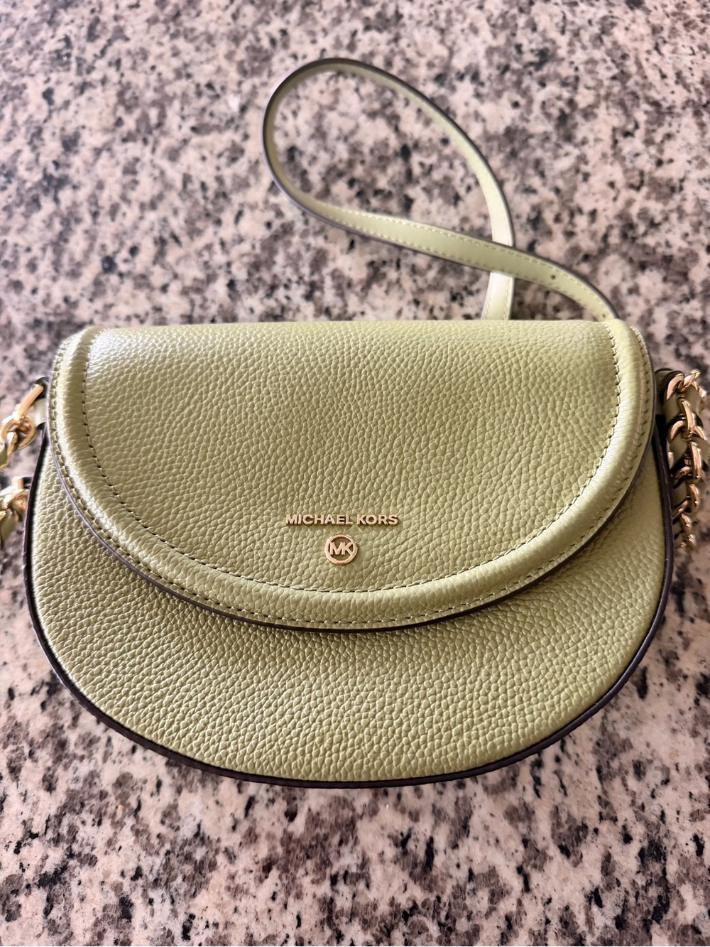 Michael Kors Olive Pebbled Leather Crossbody Saddle Bag with Gold Hardware